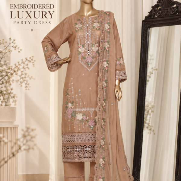 Embroidered Luxury Party Wear 3-Piece Suit – Cotton Shirt with Chiffon Dupatta