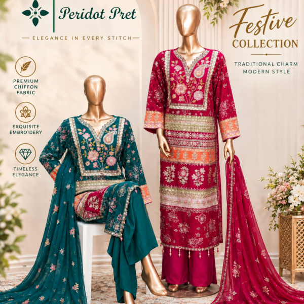 Embroidered Chiffon Festive 3-Piece Suit – Luxury Traditional Collection