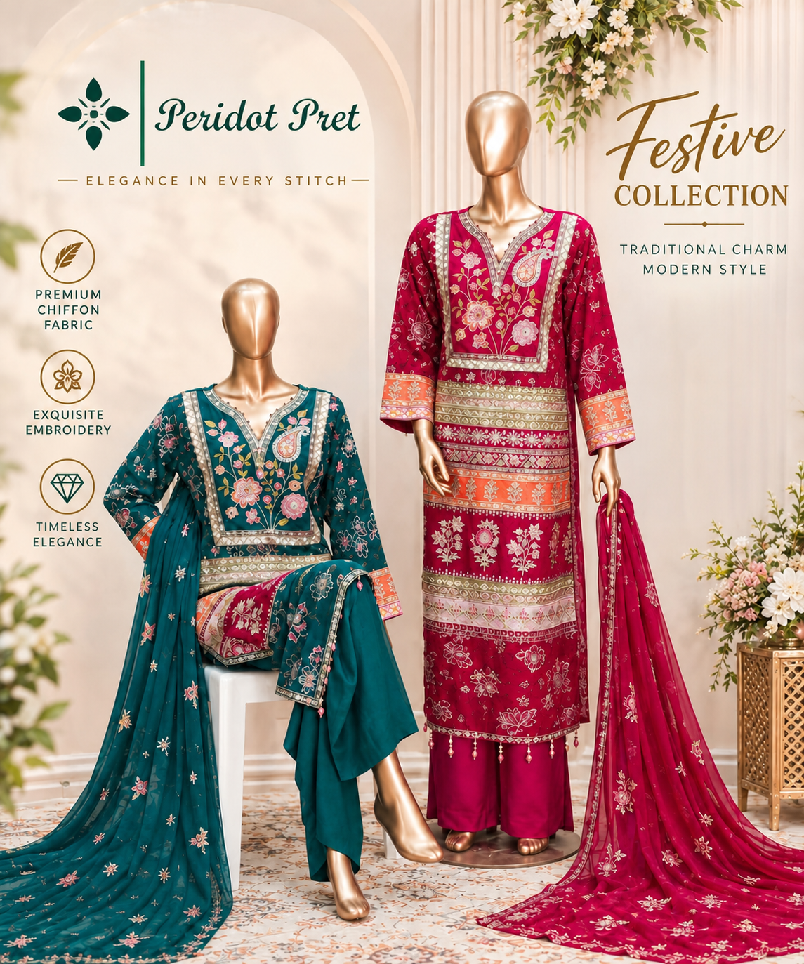 Embroidered Chiffon Festive 3-Piece Suit – Luxury Traditional Collection
