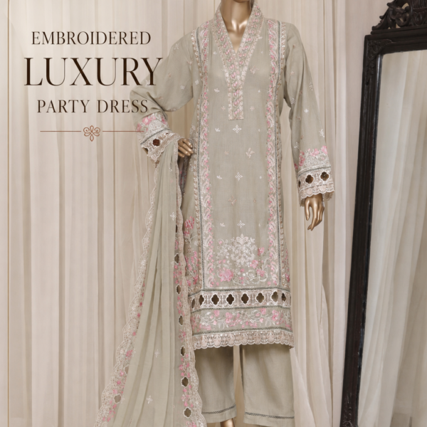 Embroidered Luxury Party Wear 3-Piece Suit – Cotton Embroidered Shirt with Chiffon Dupatta