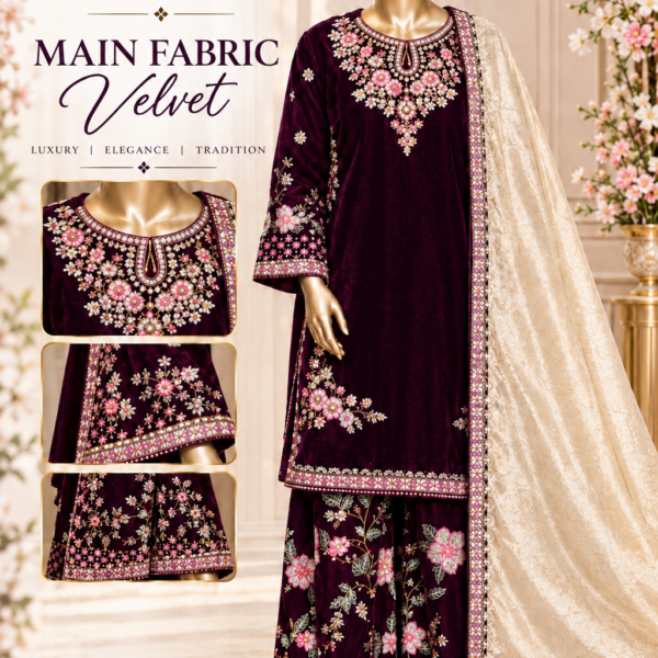 Luxury Embroidered Velvet 3-Piece Suit – Premium Festive Collection